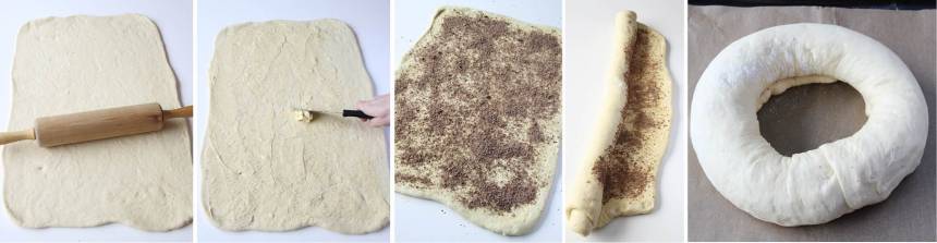 2. Kavla ut en rektangel, ½–1 cm tjock av degen. Blanda ihop smör och vaniljsocker och bred ut blandningen på degen. Strö över chokladen. Rulla ihop degen till en rulle och forma den till en krans. Fäst ihop ändarna ordentligt och lägg den på en plåt med bakplåtspapper.