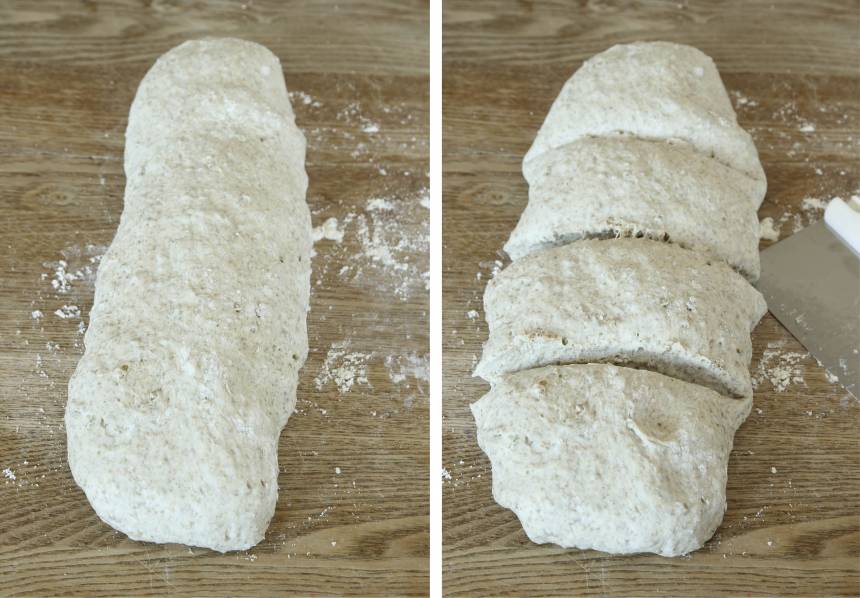 2. Knåda igenom degen på ett mjölat bakbord. Rulla ut en längd av degen och dela den i fyra delar. Forma dem till längder, ca 30 cm.