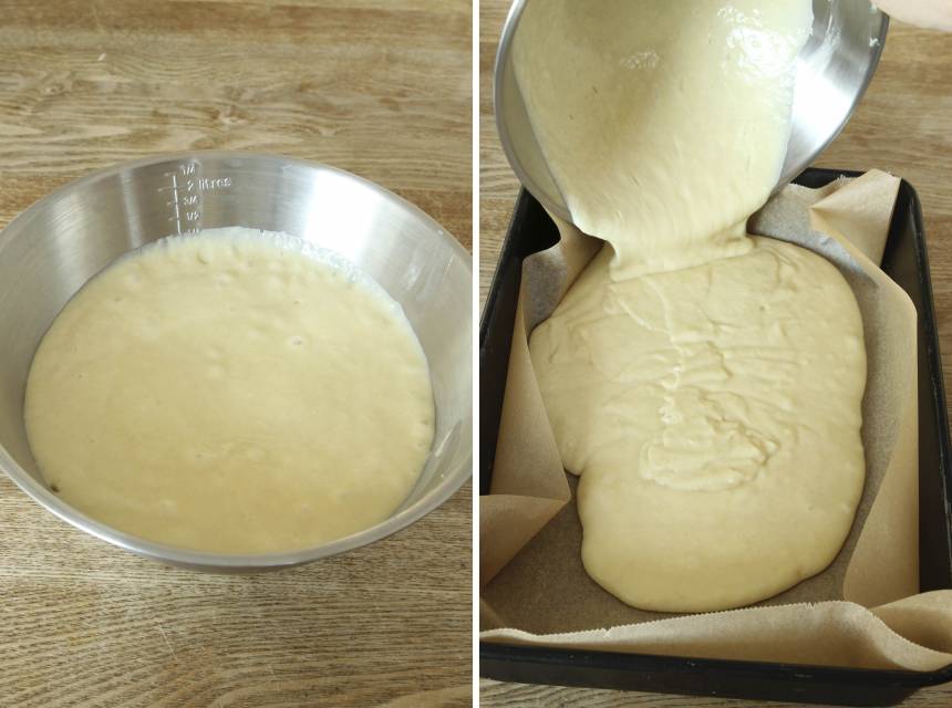 3. Vispa ägg och socker pösigt i en bunke. Tillsätt bakpulver, vaniljsocker, smör, mjölk och vetemjöl. Vispa ihop allt till en slät smet. 5. Häll smeten i en långpanna med bakplåtspapper, ca 22 x 31 cm.