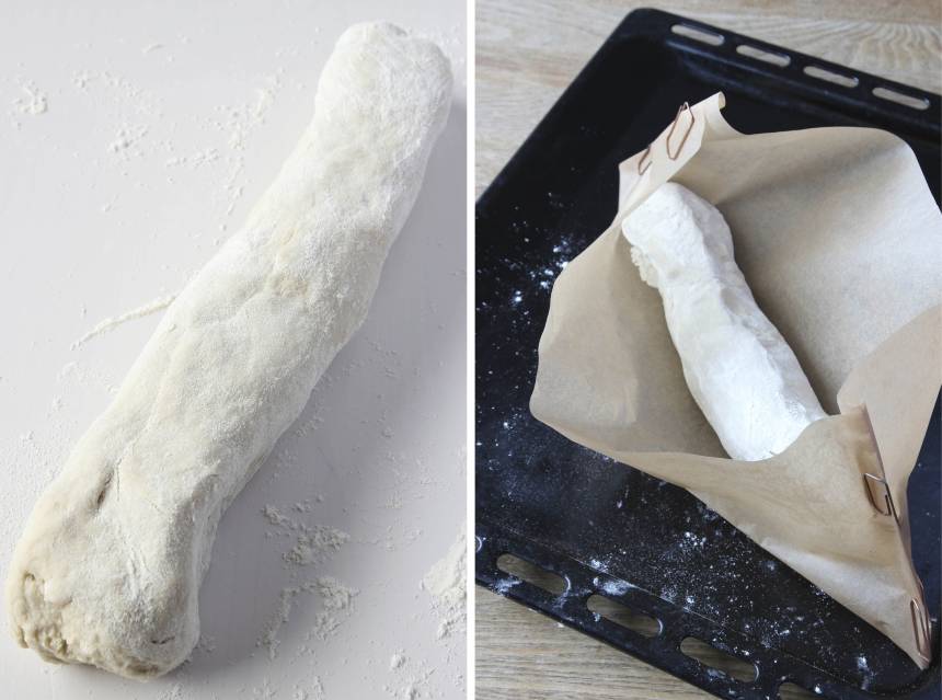 3. Forma degen till en limpa och rulla den i vetemjöl. Lägg limpan i bakplåtspappret och låt den jäsa under bakduk i ca 1–1 ½ tim. Sätt ugnen på 250 grader. Ställ in en ugnstålig skål med vatten i botten på ugnen så förblir degytan elastisk under de första minuterna under gräddningen. Det gör att brödet kan växa mer. När ytan har stelnat kan brödet inte expandera lika mycket.