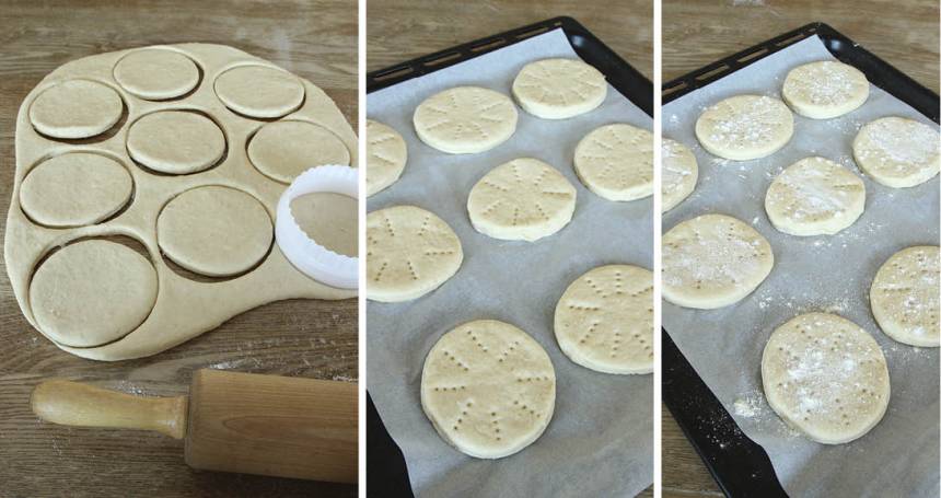 2. Kavla ut degen 1–1 ½ cm tjock och stansa ut runda bröd, ca 10 cm i diameter med en kakform eller ett glas. Lägg dem på en plåt med bakplåtspapper och nagga dem med en gaffel och strö över lite mjöl. Låt dem jäsa under bakduk i ca 30 min. Sätt ugnen på 250 grader.