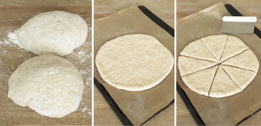 2. Dela degen i två bitar. Tryck ut dem till två rundlar 25–28 cm i diameter på varsin plåt med bakplåtspapper. Skär rundlarna i 6 ”tårtbitar” vardera med en kniv eller en degskrapa.
