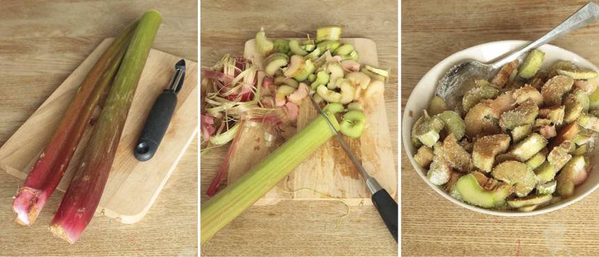 3. Fyllning: Skala rabarbern och skär den i småbitar. Blanda bitarna med kanel, socker och potatismjöl i en skål. Kör dem i mikrovågsugnen i några minuter så de mjuknar något.