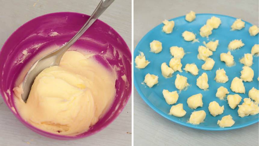 1. Fyllning: Rör ihop alla ingredienserna ordentligt i en skål. Klicka ut ca 45 högar på en tallrik. Ställ den i frysen i 1–2 tim så att bitarna blir frysta.