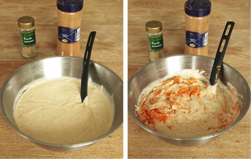 3. Vispa ägg och socker pösigt i en bunke. Tillsätt bakpulver, kanel, kardemumma, smör, mjölk och vetemjöl. Vispa ihop allt till en slät smet. Blanda sist i morötterna.
