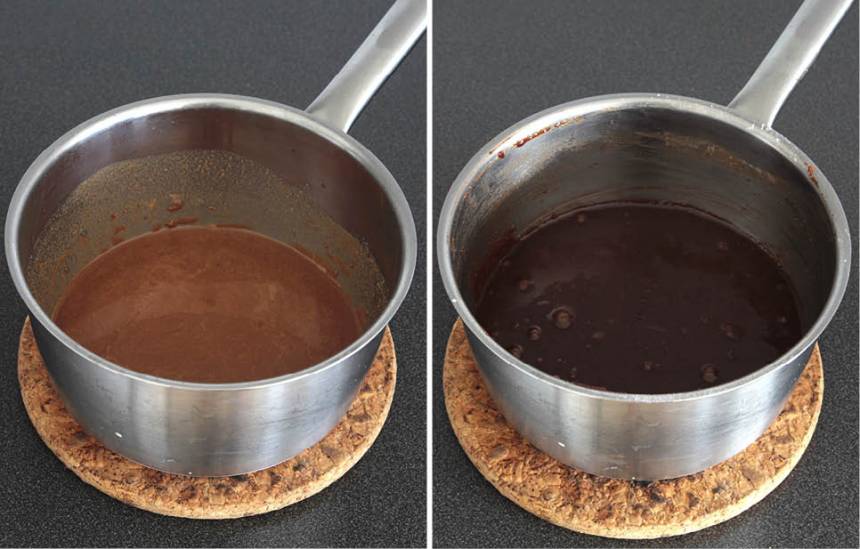 1. Sätt ugnen på 175 grader. Smält smöret i en kastrull. Bryt nougaten i bitar och låt den smälta ihop med smöret på eftervärmen. Blanda ihop de torra ingredienserna och rör ner dem i kastrullen. Knäck i äggen och blanda ihop till en slät smet.