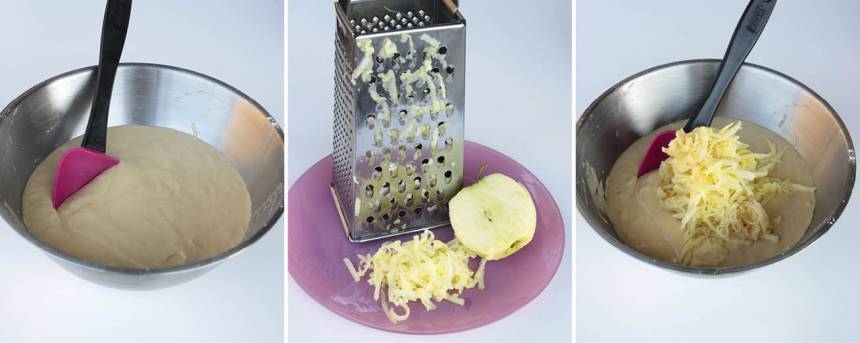 1. Sätt ugnen på 175 grader. Vispa socker och ägg pösigt i en bunke. Tillsätt salt och bakpulvret blandat med vetemjölet. Rör om. Blanda ner smör och de rivna äpplena i smeten.