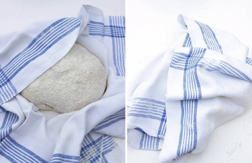 2. Knåda ihop degen till en boll och rulla den ordentligt i mjöl. Låt degen jäsa inlindad i en mjölad bakduk i 30 min. Sätt ugnen på 250 grader. Sätt samtidigt in en tom gjutjärnsgryta utan lock, ca 4 liter, i den varma ugnen.