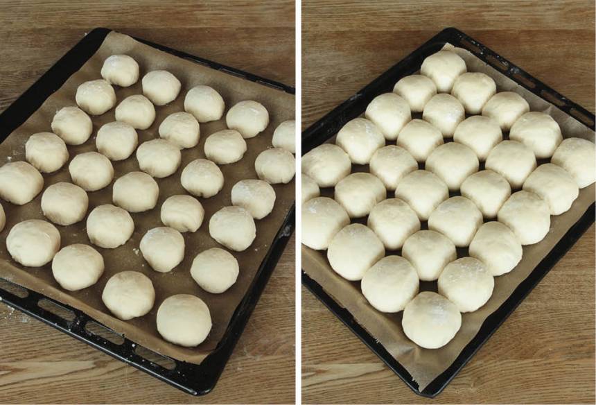 3. Lägg bröden på en plåt med bakplåtspapper. Låt dem jäsa under bakduk i 50–60 min. De ska jäsa ihop med varandra. Sätt ugnen på 250 grader.