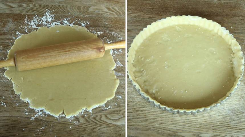 2. Kavla ut pajdegen på ett mjölat bakbord och lägg den i en pajform, eller tryck ut den direkt i en pajformen, 22–23 cm i diameter.