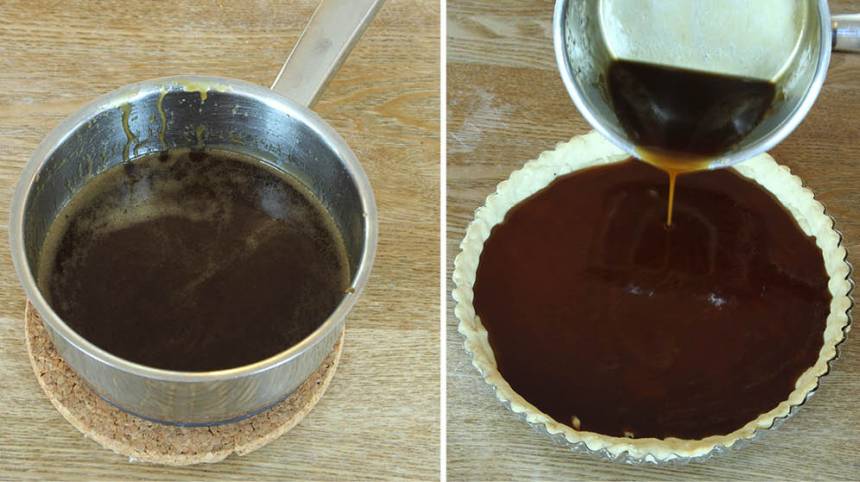 4. Kolafyllning: Smält smöret i en kastrull. Rör ner farinsocker, sirap, vaniljsocker och salt ägg. Låt det puttra i ca 1 min. Häll kolafyllningen på pajskalet.