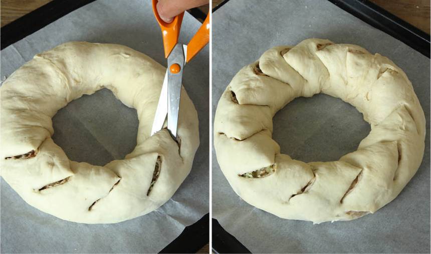 5. Forma degrullen till en rundel och fäst ihop ändarna ordentligt. Lägg den på en plåt med bakplåtspapper. Klipp breda jack i degen med ca 5 cm mellanrum.