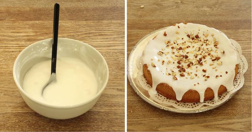 5. Glasyr: Blanda florsocker och vatten till en glasyr. Bred ut den på kakan och strö över sötmandel. Låt glasyren stelna.