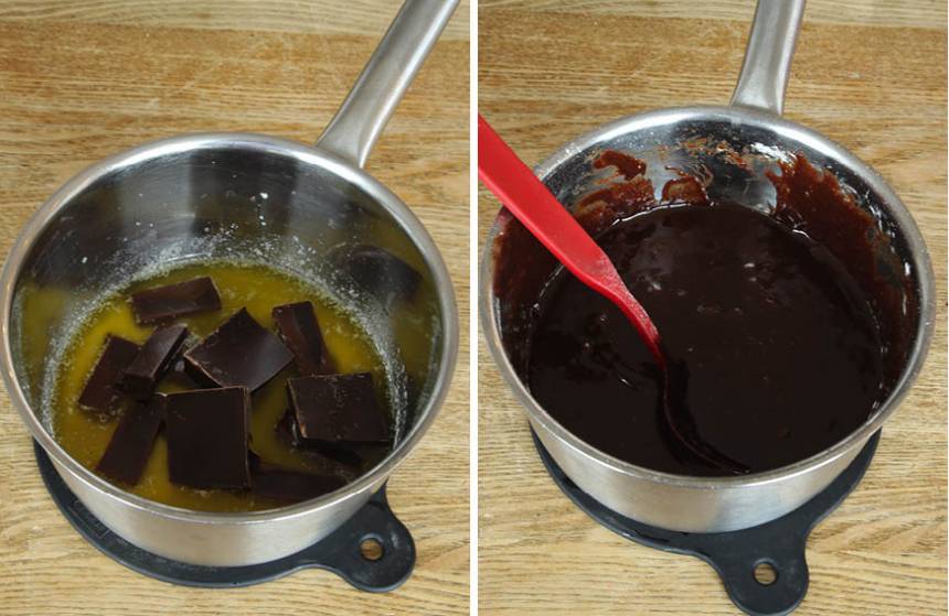 1. Sätt ugnen på 180 grader.
Smält smöret i en kastrull. Tillsätt chokladen och smält den på eftervärmen. Tillsätt resten av ingredienserna och blanda snabbt ihop allt till en slät smet.