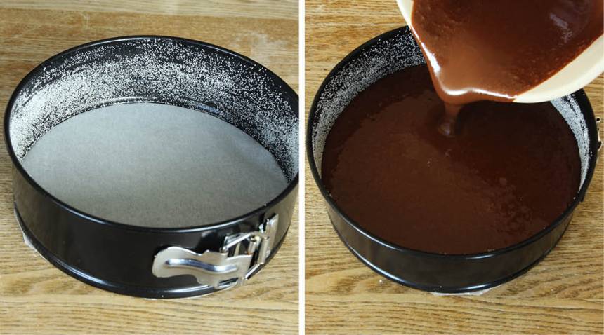 2. Häll smeten i en form, 18–20 cm i diameter, klädd med bakplåtspapper i botten och smorda och bröade kanter. Grädda kakan mitt i ugnen i 35–40 min. Låt den kallna helt i formen.