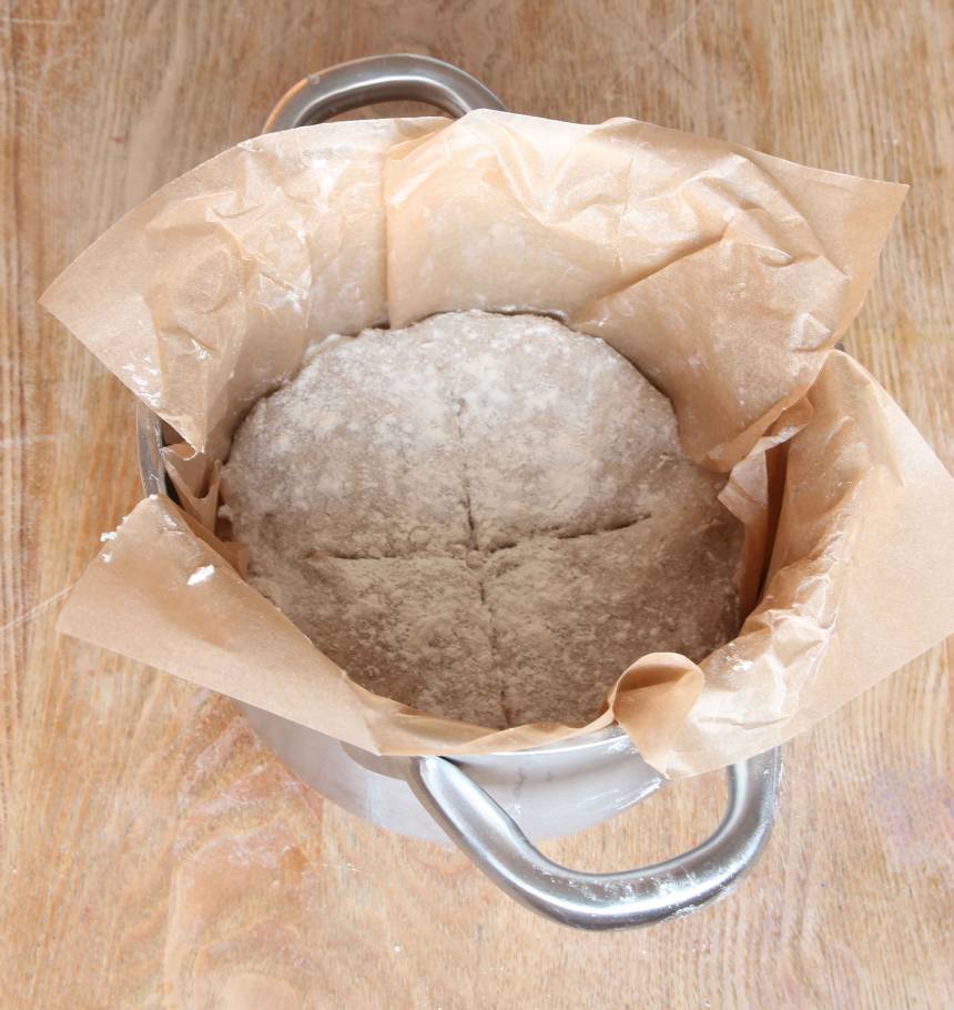 2. Knåda ihop degen till en boll och rulla den i mjöl. Lägg degen i en kastrull, ca 3 liter, klädd med bakplåtspapper. Snitta ett kors i degen med en vass kniv. Lägg på ett lock och låt degen jäsa i kastrullen i kylskåpet över natten.
