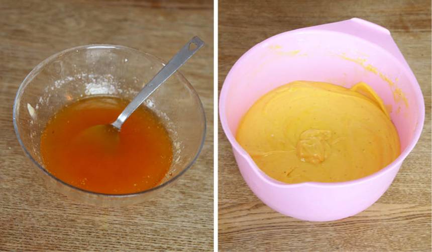 1. Sätt ugnen på 180 grader. Vispa ägg och socker pösigt i en bunke. Smält smöret och rör ner saffranet. Låt det svalna. Blanda bikarbonat eller bakpulver med mjölet och rör ner det i äggsmeten tillsammans med smöret. Rör ihop allt till en slät smet.