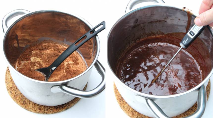 1. Koka ihop allt utom ättiksprit i en kastrull. Låt smeten koka på medeltemperatur till 125–128 grader. Om du inte har någon termometer kan du göra kulprovet. (Häll några droppar smet i ett glas kallt vatten, när dropparna stelnar är den färdigkokt.) Stäng av värmen när temperaturen är nådd och tillsätt ättikspriten. Rör om ordentligt.