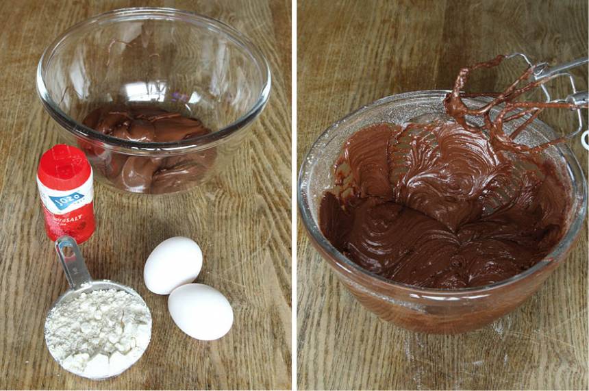 1. Sätt ugnen på 180 grader. Vispa Nutella och ägg med en elvisp i ca 1 min. Tillsätt salt och vetemjöl och blanda ihop allt till en jämn smet.