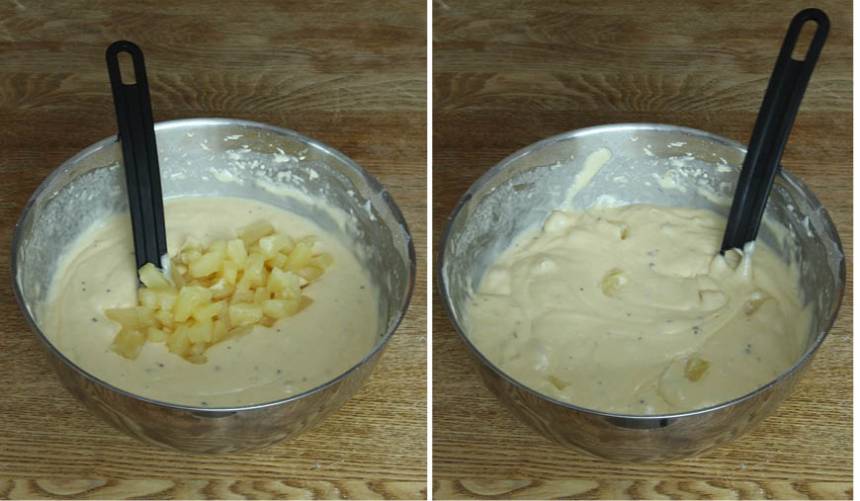2. Vispa ägg och socker pösigt i en bunke. Blanda kardemumma, vaniljsocker, bakpulver och vetemjöl. Rör ner mjölblandningen, filmjölken, ananasspadet och ananasbitarna i smeten.