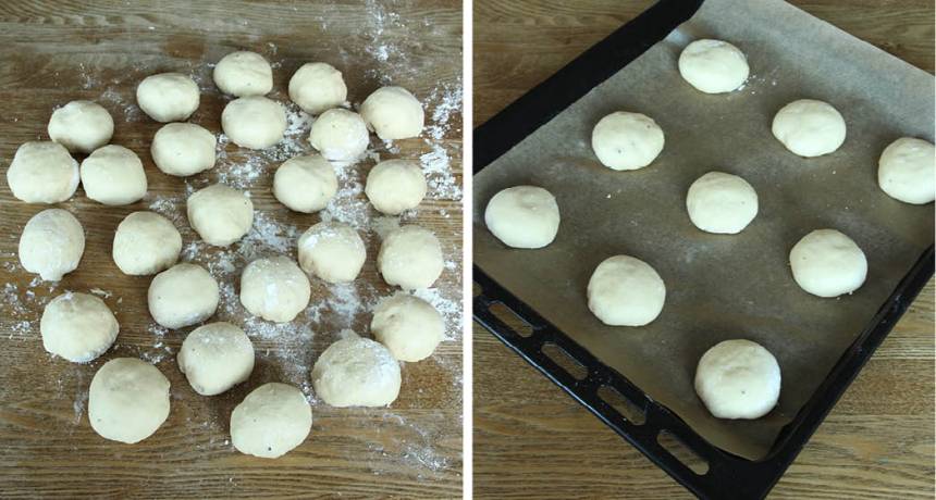 2. Dela degen i ca 22–26 bitar beroende på hur stora semlor du vill ha. Rulla dem till bollar och lägg dem på en plåt med bakplåtspapper. Platta till dem lite lätt. Låt dem jäsa under bakduk i ca 30 min. Sätt ugnen på 250 grader.
