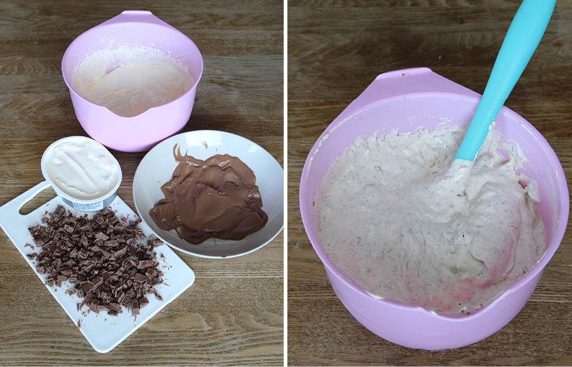 3. Smält ca 100 g av chokladen över vattenbad och grovhacka resten. Vispa grädden, men inte för hårt. Vispa ihop färskost och äggulor. Rör ner dem i grädden. Vispa upp äggvitorna till ett hårt skum. Rör ner dem också i grädden. Blanda ner chokladen (både smält och hackad) och florsocker i grädden.
