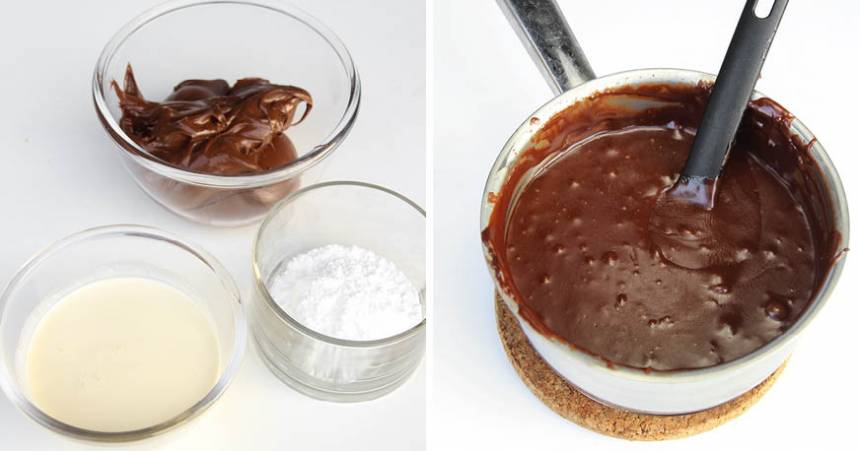 3. Koka upp grädden i en kastrull. Stäng av värmen och rör ner Nutella och florsocker. Blanda ordentligt.