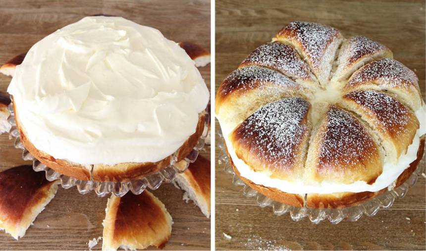 7. Vispa grädden och bred ut den över hela bottnen. Lägg på locken. Pudra över florsocker före servering.