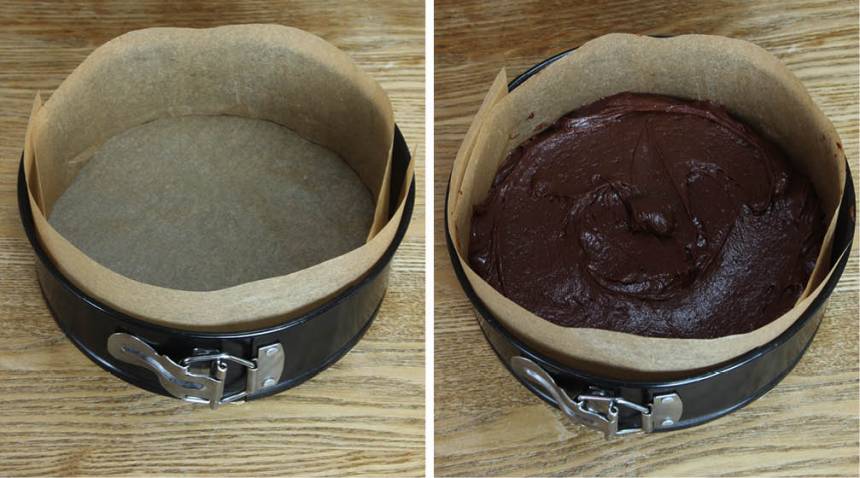 2. Kläm fast ett bakplåtspapper i botten av en form, 20–23 cm i diameter, med löstagbar kant (storlek beroende på hur hög tårta du vill ha). Klipp en bred remsa av ett bakplåtspapper och klä kanten med det. Låt kanten sticka upp några centimeter så smeten får plats om kanten är låg. Bred ut smeten i formen.