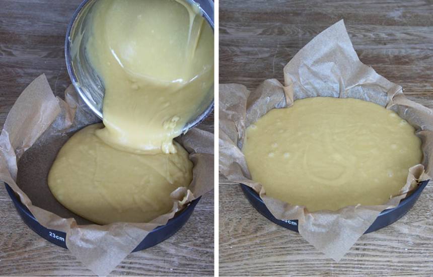 3. Häll smeten i en smord och bröad (bröa formen med riven kokos eller ströbröd) eller bakplåtspappersklädd form, ca 23 cm i diameter, med löstagbar kant.