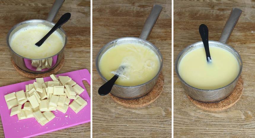 4. Sjud grädden och sockret i en kastrull tills sockret har löst sig. Tillsätt chokladen och låt den smälta i grädden. Krama ur gelatinbladen och smält ner dem i grädden. Blanda ordentligt.