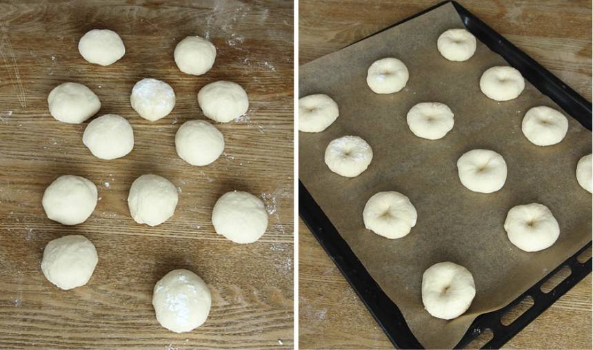 2. Dela degen i 20–24 bitar. Rulla bollar av dem och lägg dem på en plåt med bakplåtspapper. Tryck ett hål i mitten med tummen. Låt dem jäsa under bakduk i ca 30 min. Sätt ugnen på 250 grader.