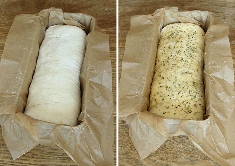 6. Lägg längderna i limpformar, ca 1 ½ liter, klädda med bakplåtspapper. Låt dem jäsa i ca 30 min. Sätt ugnen på 200 grader. Pensla dem vatten och strö över lite oregano.