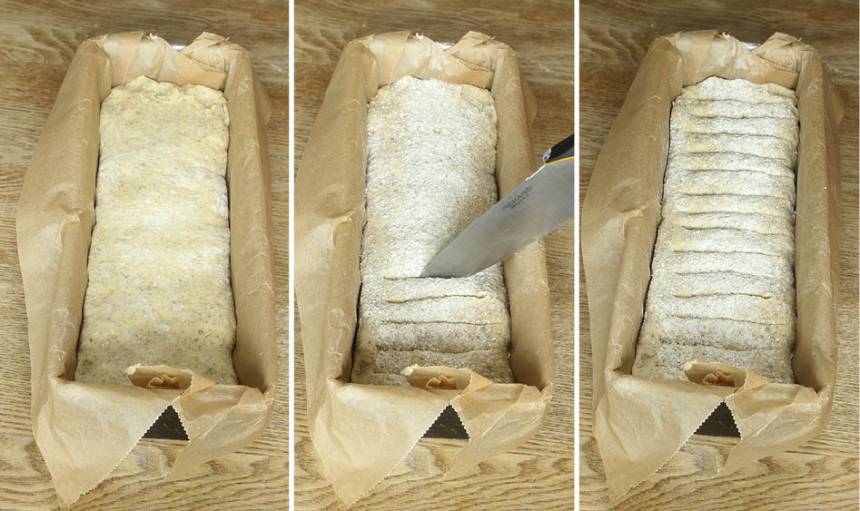 3. Lägg limpan i formen, klädd med bakplåtspapper. Strö över lite rågmjöl. Skär snitt i degen med en vass kniv. Låt degen jäsa övertäckt i kylen över natten.