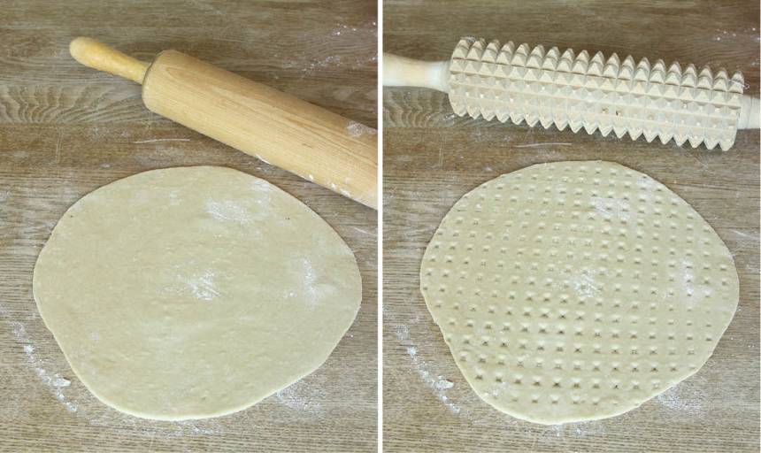 3. Rulla degbitarna till bollar och kavla ut dem till tunna rundlar, 3–4 mm, på ett mjölat bakbord. Kör sista varvet med en kruskavel så att det inte bildas luftbubblor under gräddningen.