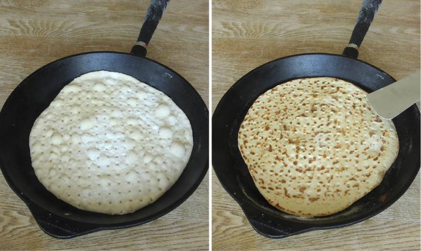 4. Grädda bröden (utan fett) på medelvärme, 1–2 min på varje sida i en gjutjärnsstekpanna . Lägg bröden ovanpå varandra och låt dem svalna inlindade i en kökshandduk så de håller sig mjuka.