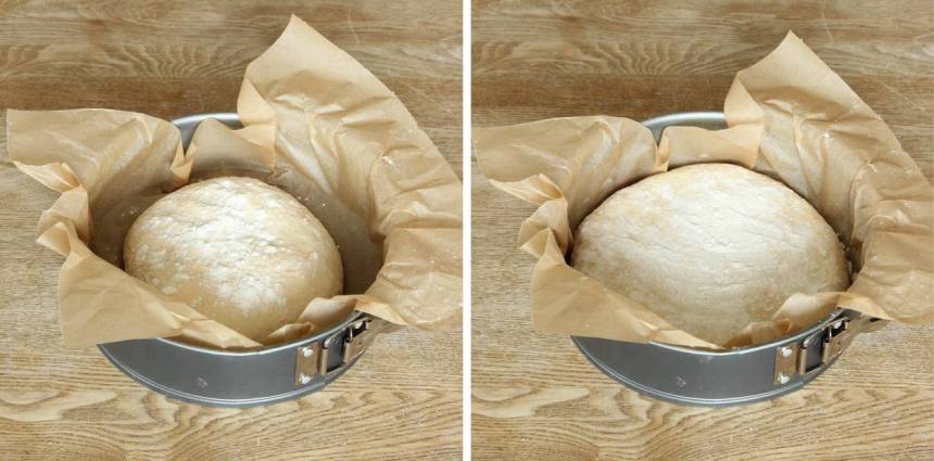 2. Forma degen till en slät boll och strö över lite mjöl. Tryck ut degen till en rund kaka i en springform, ca 24 cm i diameter klädd med bakplåtspapper (utan att jäsa).