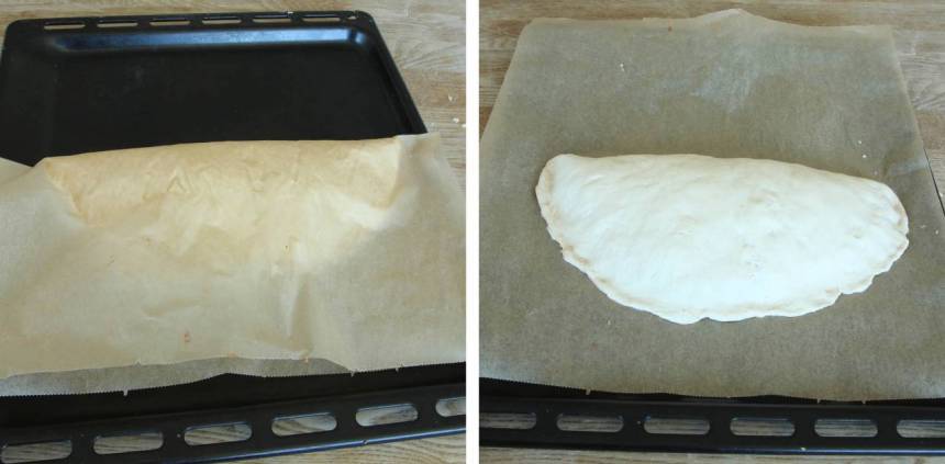 5. Vik ihop pizzan på mitten genom att lyfta upp pappret och lägga det över pizzan. Nyp ihop kanterna ordentligt så fyllningen inte läcker ut. Låt pizzan jäsa under bakduk i ca 20 min. Sätt ugnen på 250 grader varmluft.