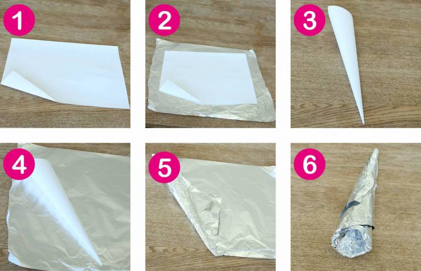 Strutar: 1. Vik ett veck på pappret enligt bilden. 2. Lägg A4-Pappret på aluminiumfolien och klipp till en bit som är lite större än pappret. 3. Rulla ihop pappret till en strut. 4. Lägg struten på aluminiumfolién. 5. Rulla in pappret i aluminiumfolién. 6. Vik in kanterna på folién upptill.