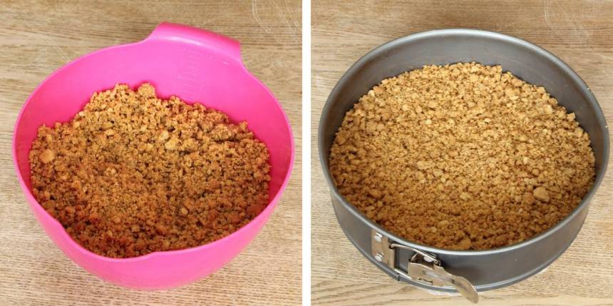 1. Smula sönder digestivekexen och blanda ihop dem med smöret. Tryck ut smulorna i en springform, ca 24 cm i diameter.
