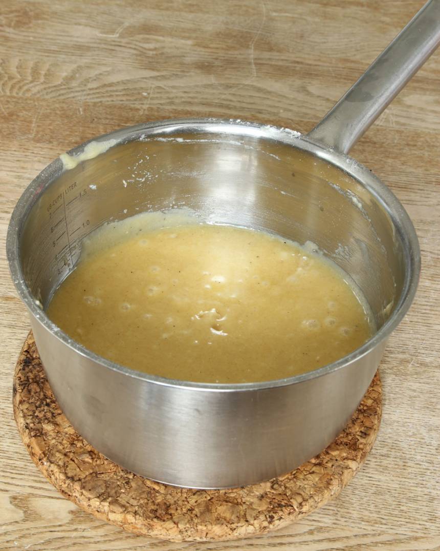 1. Sätt ugnen på 180 grader. Smält smöret i en kastrull. Ta bort den från värmen och låt det svalna något. Tillsätt resten av ingredienserna i kastrullen och rör ihop allt till en slät smet.