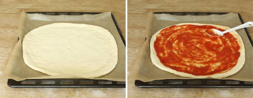 3. Lägg bakplåtspappret med rundeln på en ugnsplåt. Bred ut pizzasåsen på degen.