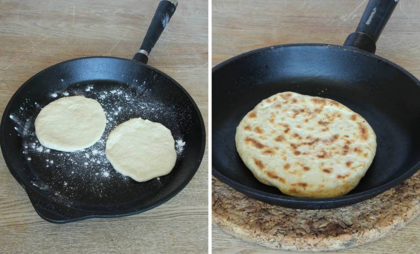 4. Värm upp en stekpanna i gjutjärn på medelvärme. Pudra lite vetemjöl i stekpanna (det ska inte vara något fett i den). Vänd brödet när det får bruna fläckar, ca 2 min per sida. Anpassa värmen så att brödet inte bränns.