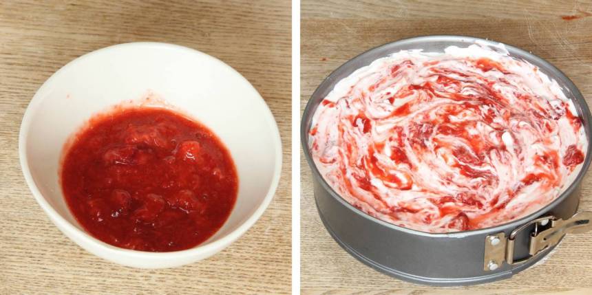 6. Garnering: Mosa jordgubbarna och ringla dem över ytan. Rör om lite försiktigt med en gaffel så ytan blir marmorerad. Ställ tårtan i frysen i ett par timmar och ta fram den ca 30 min före servering.