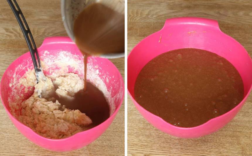 2. Blanda ihop strösocker, vetemjöl, bakpulver, vaniljsocker och salt i en skål. Tillsätt ägg, mjölk och Coca-Cola-blandningen. Rör ihop allt till en slät smet.