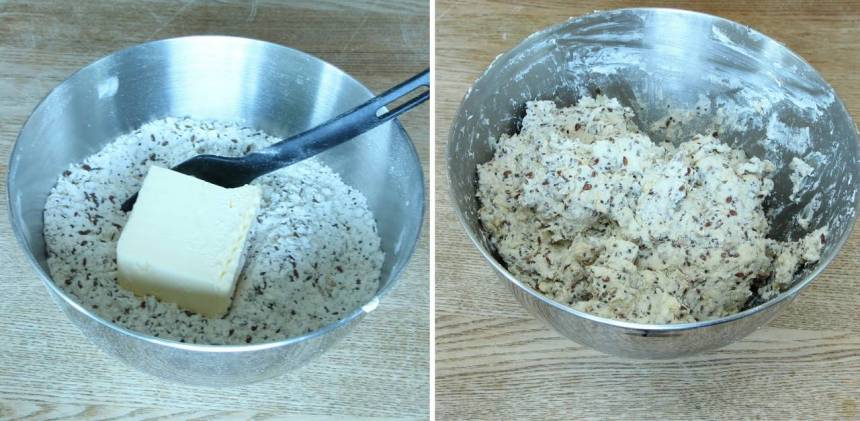 1. Sätt ugnen på 250 grader. Blanda bakpulver, salt, havregryn, frön och vetemjöl i en bunke. Tillsätt smöret och nyp ihop det ordentligt med mjölblandningen. Häll ner filmjölken och blanda ihop allt till en lite kladdig deg.
