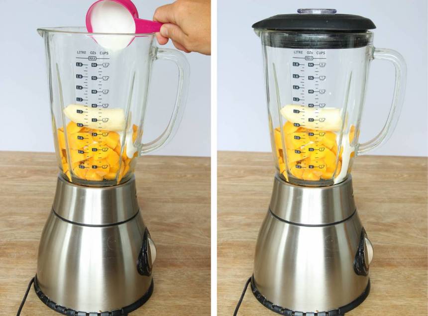 1. Blanda alla ingredienserna i en mixer och kör tills du har en krämig glass. Ibland får man stanna mixern och trycka ner ingredienserna igen. Ät direkt eller förvara glassen i frysen. Täck glassen med plastfolie om den förvaras i frysen så det inte bildas skinn på glassen.