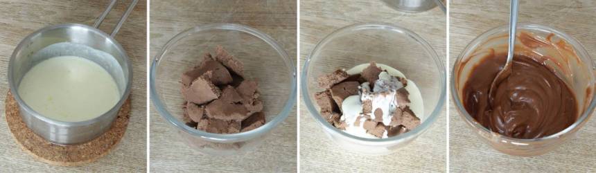 4. Nougatganache: Värm grädden i en kastrull tills du ser första bubblar, stäng av värmen direkt. Den får inte koka! Lägg nougaten i en skål och häll över den varma grädden. Rör om till en kräm. Låt den kallna.
