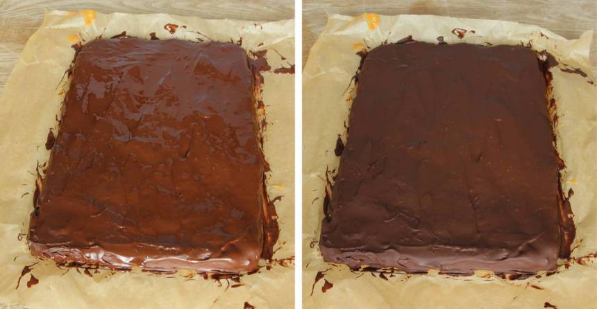 6. Bred ut den smälta chokladen på kolakrämen. Skär kakan i rutor när chokladen stelnat. Förvara kakorna på en inplastad tallrik i kylen.