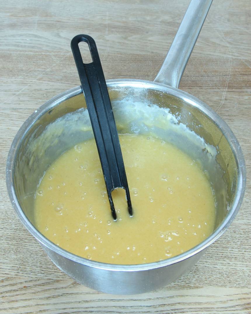 1. Sätt ugnen på 180 grader. Smält smöret i en kastrull och stäng sedan av värmen. Tillsätt strösocker, vaniljsocker och salt. Rör om ordentligt. Rör ner äggen och mjölet och blanda ihop allt till en slät smet.